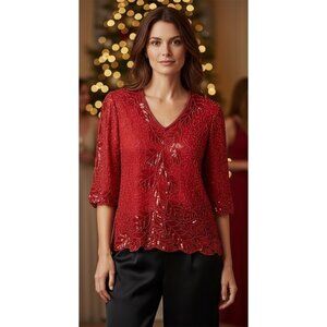 Vintage Landmark Red Beaded Silk Blouse 2X Hand Embellished Holiday Party Top
